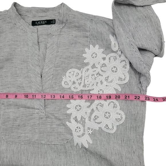 Lauren Ralph Lauren Linen LRL Monogram Applique Long Sleeve Blouse Womens Sz  LG - Picture 7 of 9